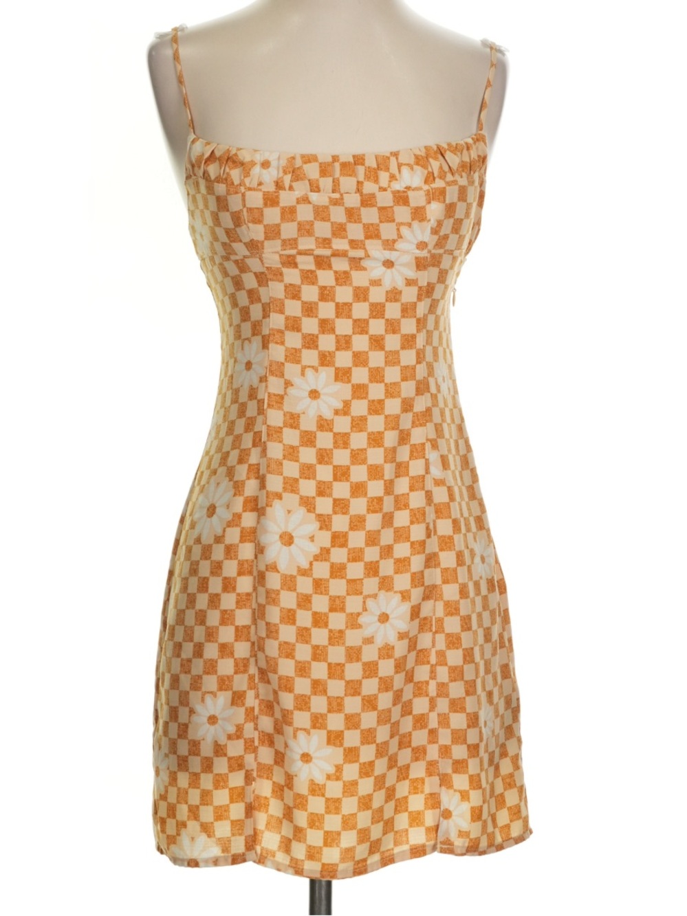 Spaghetti Strap Checkered Daisy Mini Dress - Orange